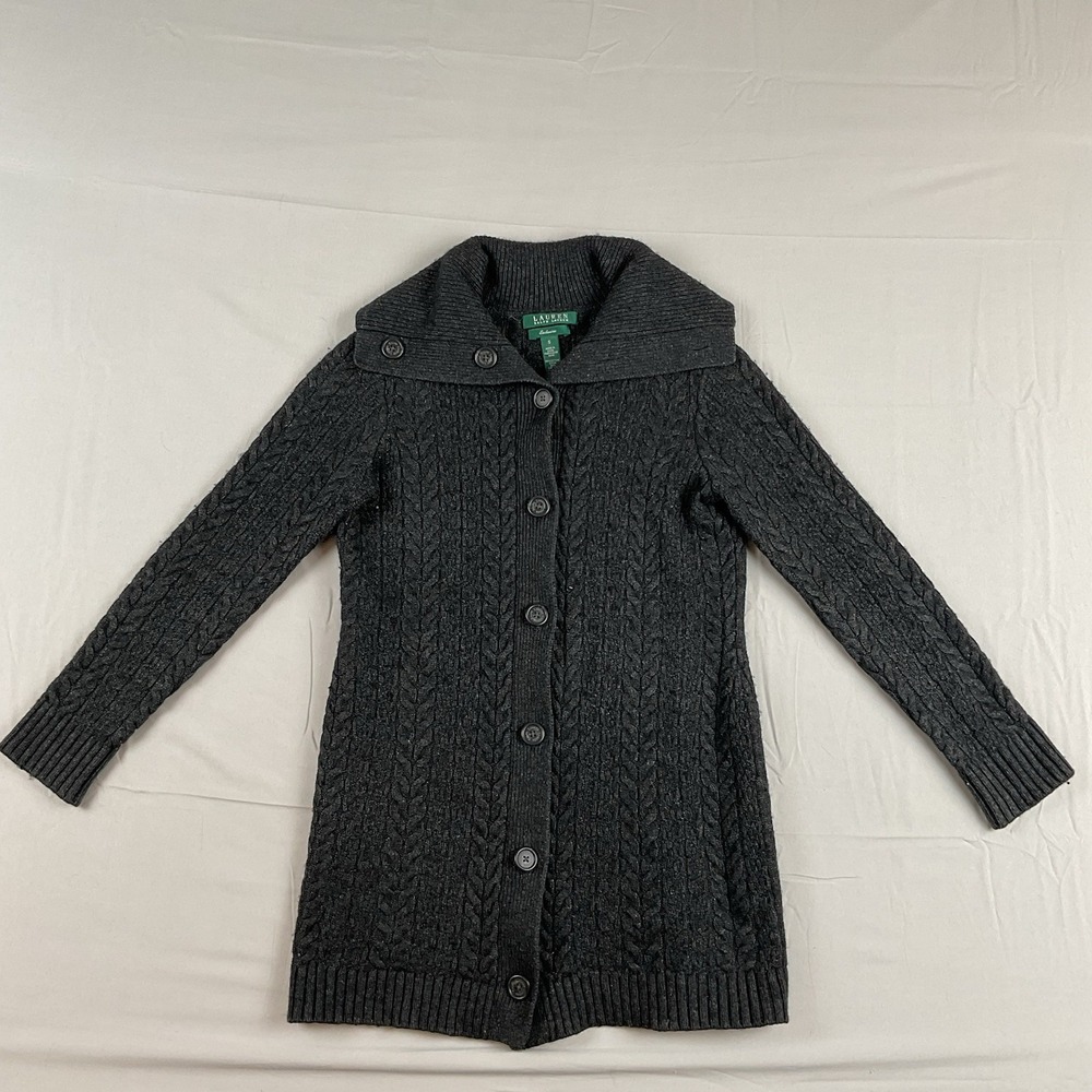 Lauren Ralph Lauren Wool Blend Cable Knit Button‎ Cardigan Longline Dark Gray
